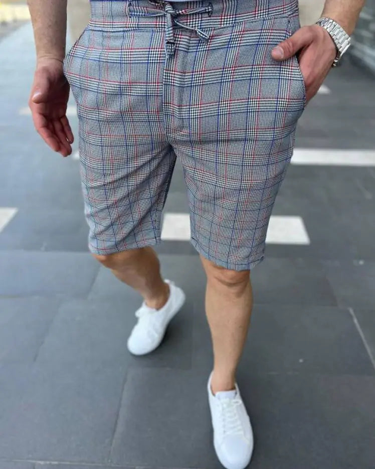 Men's Striped Plaid Casual Lace-Up Shorts