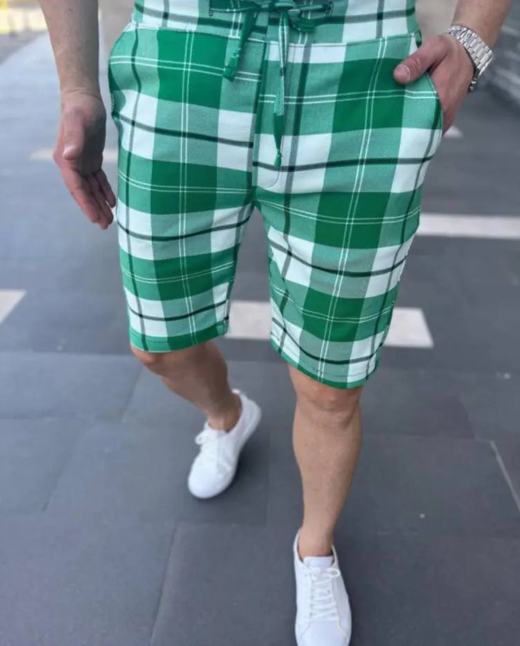 Men's Striped Plaid Casual Lace-Up Shorts